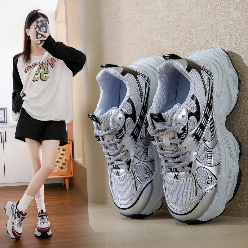 2025新款银色老爹鞋女新款厚底增高透其休闲运动鞋女款