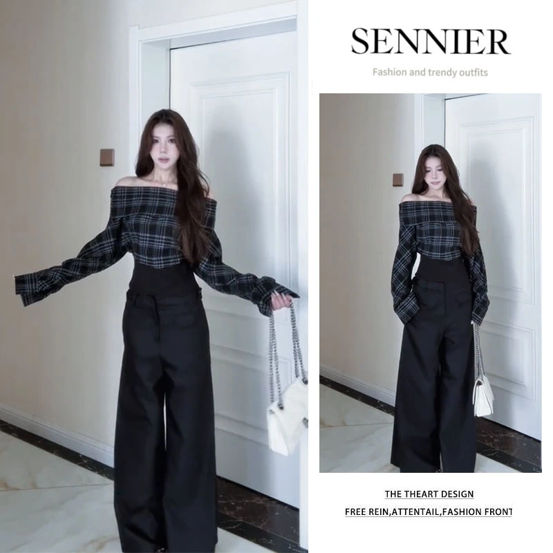 今年流行穿搭2025新款设计感格纹一字肩长袖上衣显瘦阔腿裤两件套