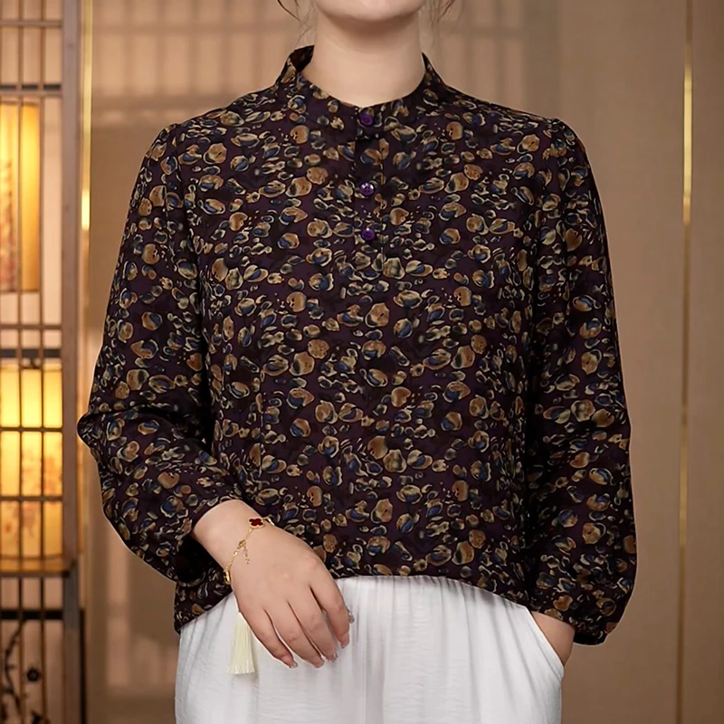 【120紫嫣】2025年新款立领印花显白妈妈装衬衫