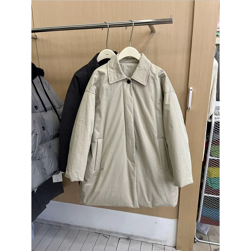 大版韩国设计师款冬季新款简约翻领中长款白鸭绒工装羽绒服外套女