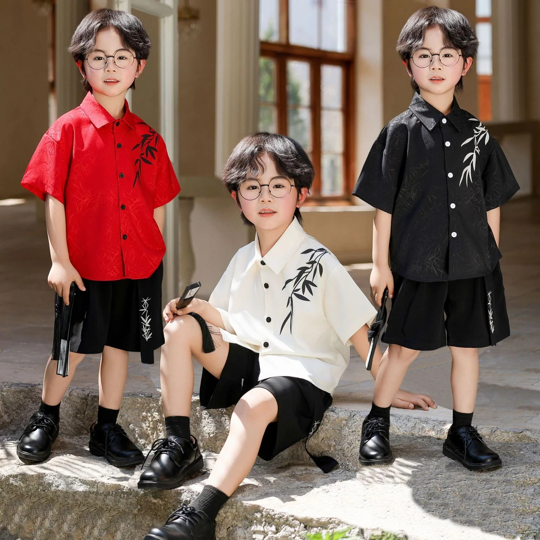 男童新中式中国风提花短袖衬衣套装儿童红色礼服男孩小主持人西装
