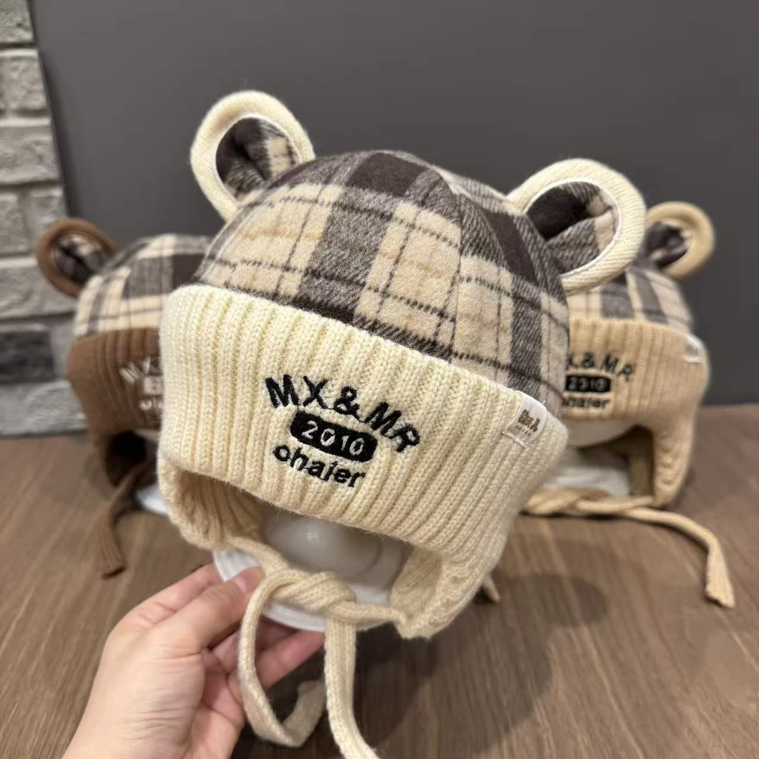 【韩版格调】宝宝帽子韩系冬季格子护耳帽婴幼儿户外保暖洋气包头帽