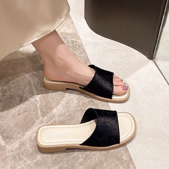 X608平底沙滩夏季一字拖粗跟拖鞋外穿百搭中跟仙女风厚底防滑