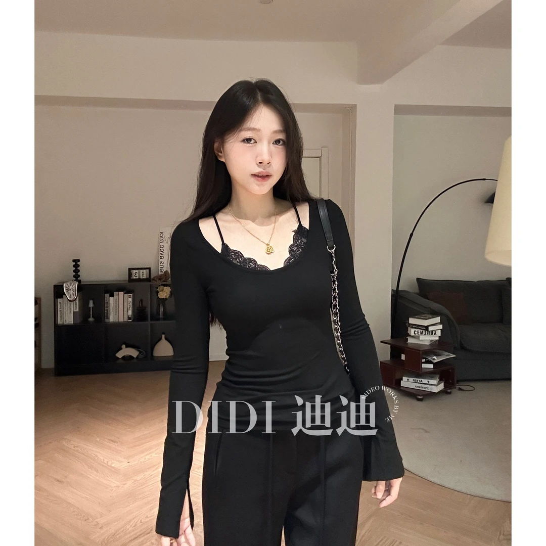 【DIDI】蕾丝辣妹风黑色秋季T恤气质修身型宽松型辣妹长袖