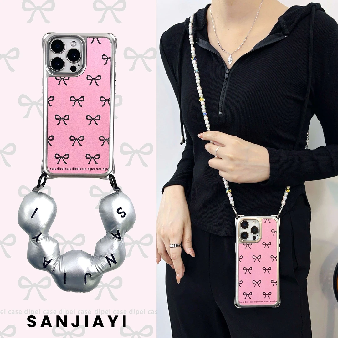ins风满屏黑蝴蝶结四角开孔皮质手机壳斜挎挂绳适用苹果侧背式