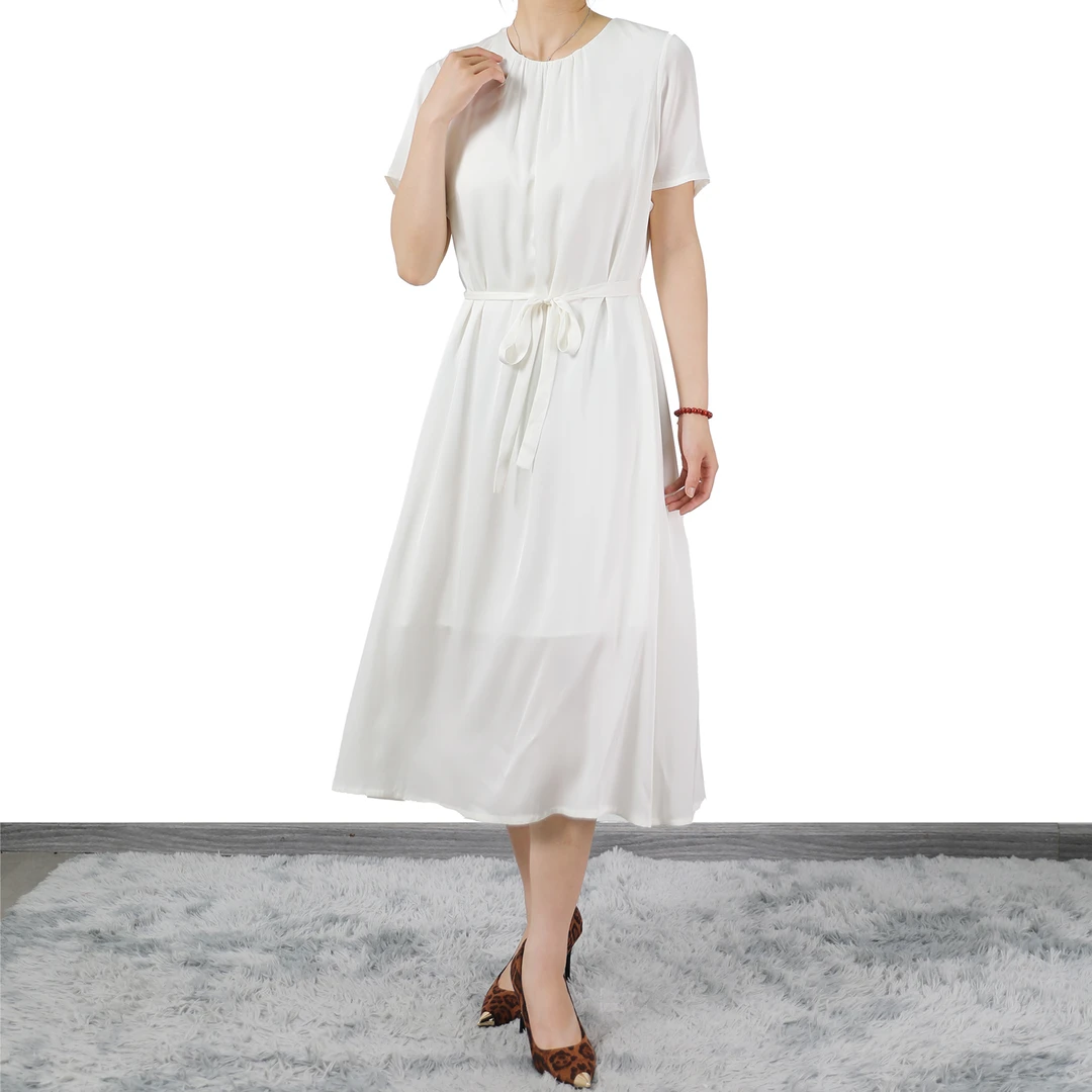 秋木新款桑蚕丝连衣裙纯色简约中圆领常规夏季短袖连衣裙显瘦收腰