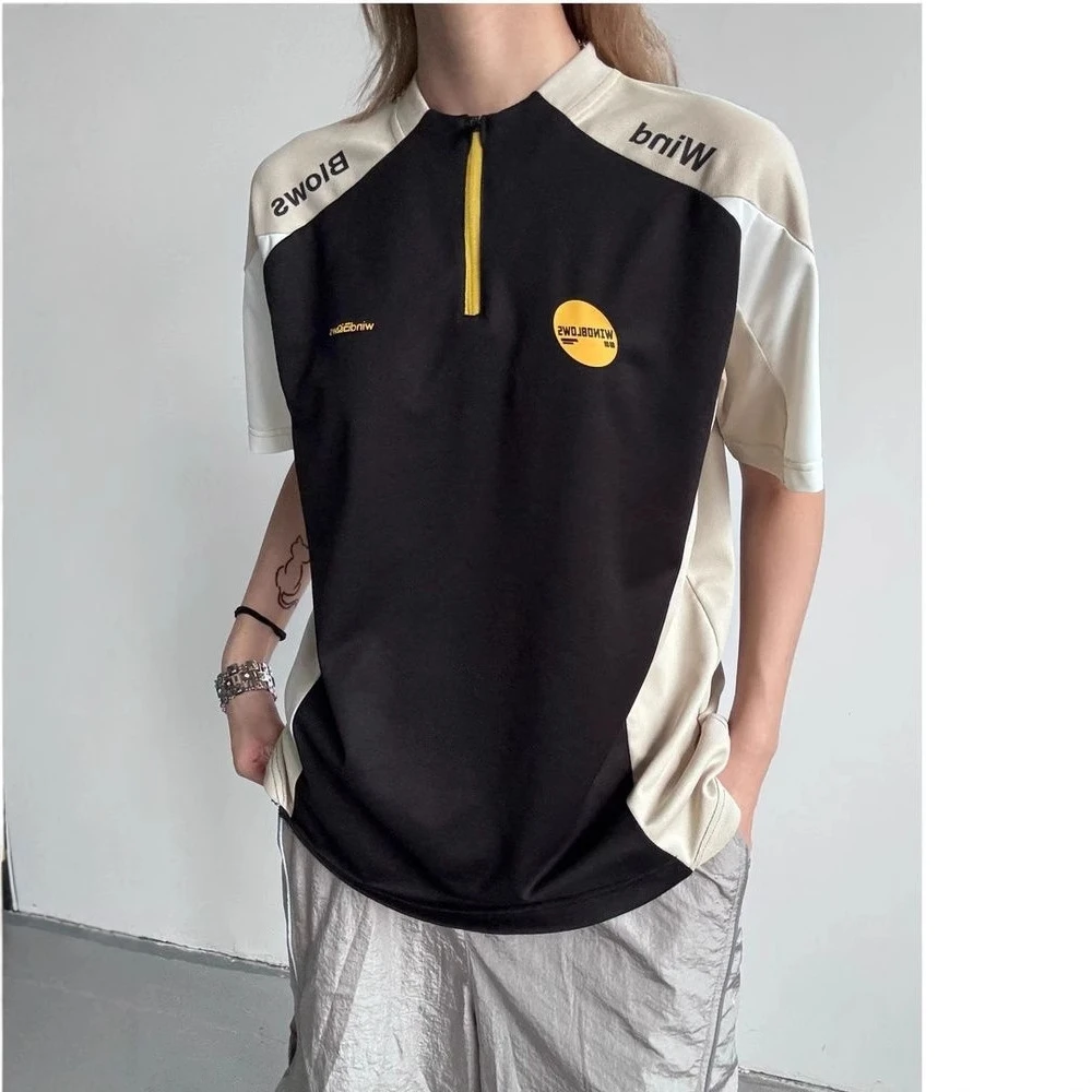 新款半拉链撞色拼接t恤男女夏季户外运动训练服球衣凉感速干短袖