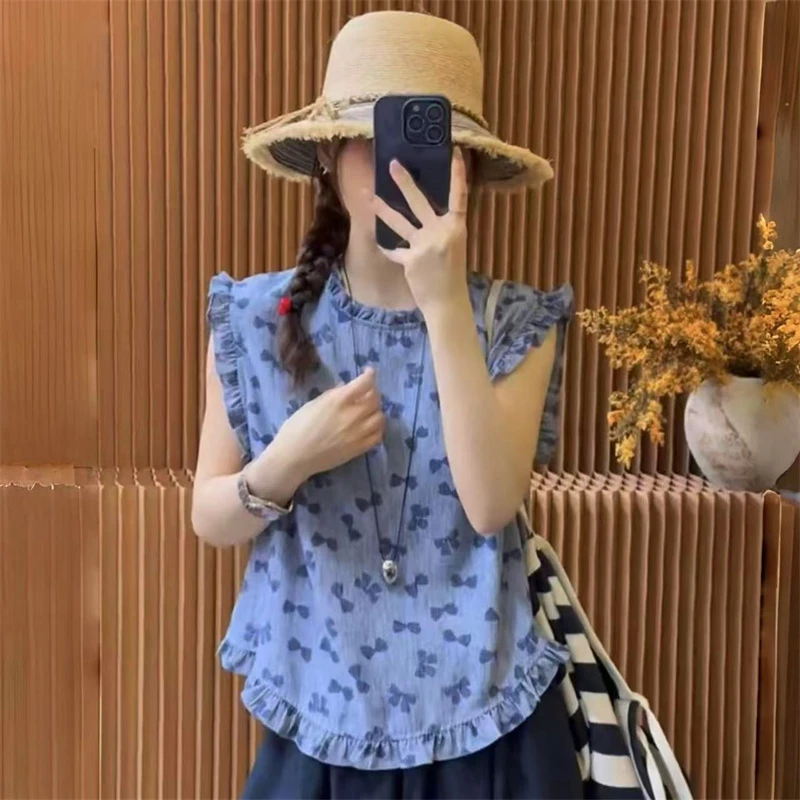 文艺甜美洋气蝴蝶结印花荷叶边无袖衬衫女2025夏季新款时尚小衫潮