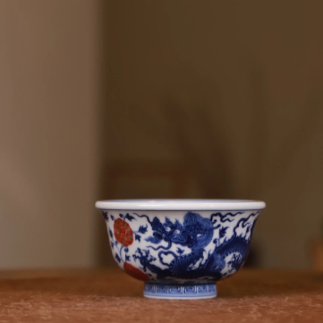 和然窑青花釉里红双龙纹限量款大压手主人杯景德镇陶瓷主人杯品牌