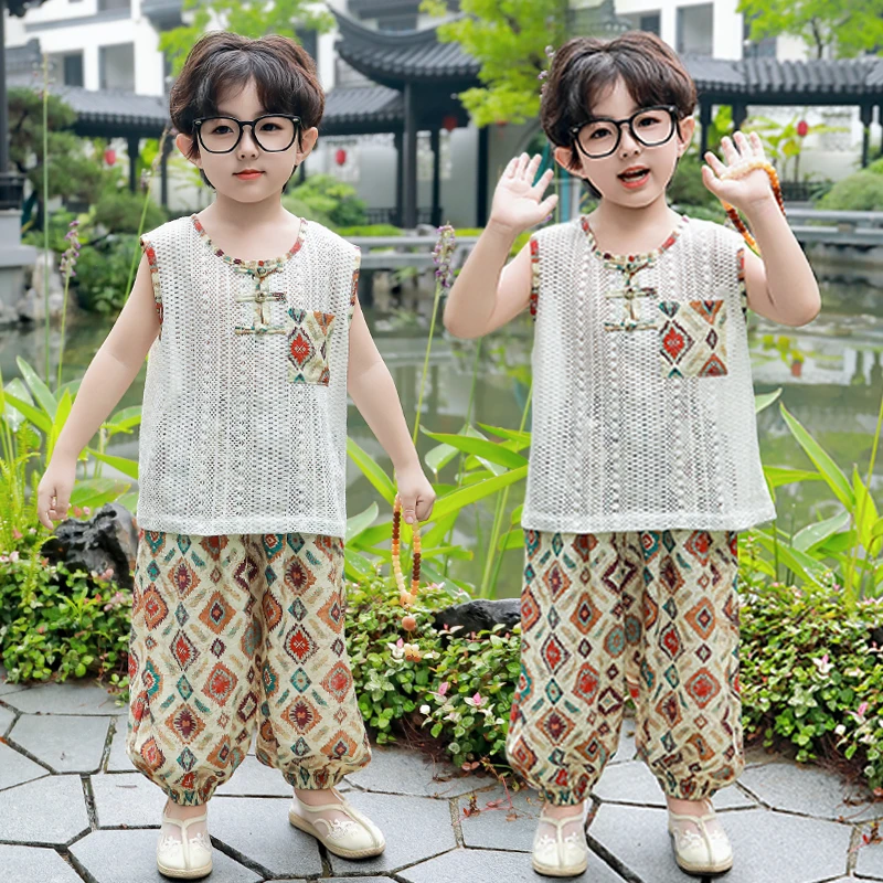 汉服男童夏款新中式中国风无袖套装儿童小众长裤礼服宝宝古装唐装