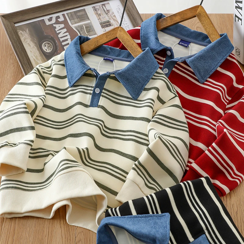 男童卫衣春秋款2025新款儿童休闲条纹polo衫中大童秋季男孩上衣潮