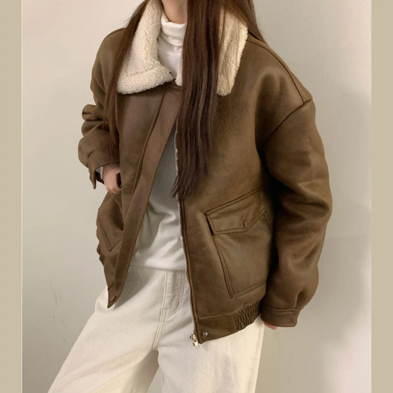 韩式chic冬季复古翻领保暖羊羔毛拼接皮毛一拉链夹克外套女