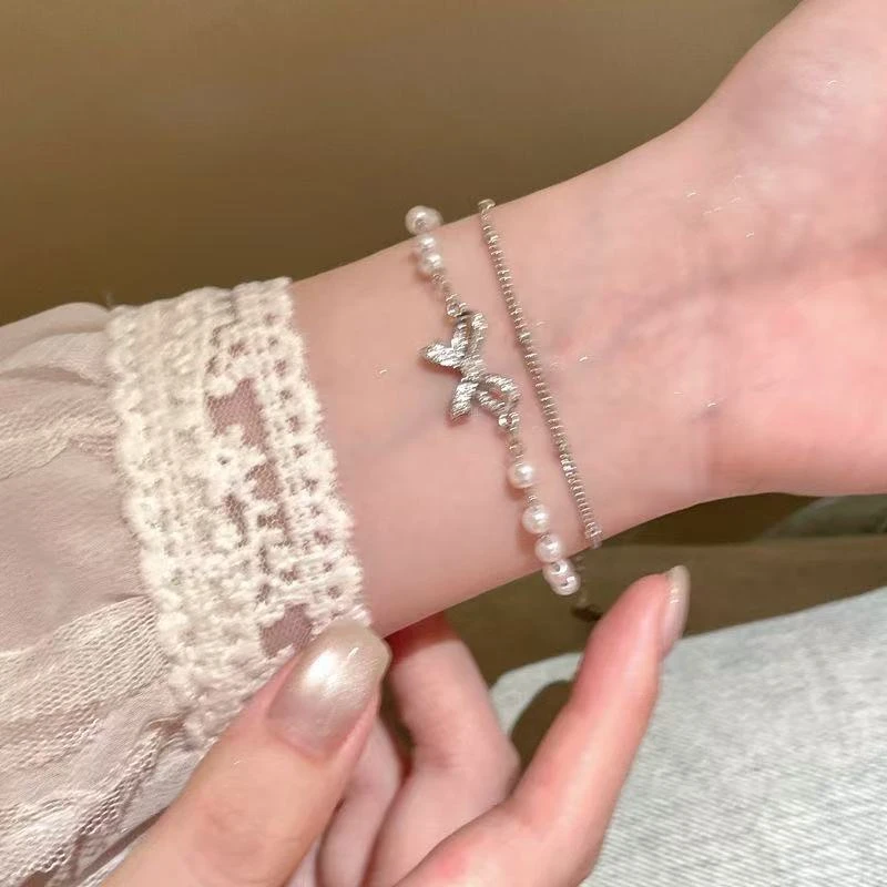 锌合金手链 双层蝴蝶结手链女款新款串珠手饰轻奢小众精致闺蜜