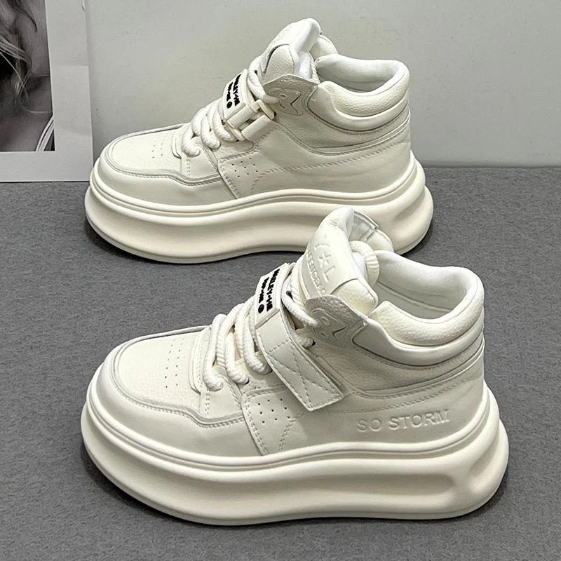 头层牛皮小白高帮鞋女2025秋季新款增高厚底松糕休闲加绒保暖棉鞋