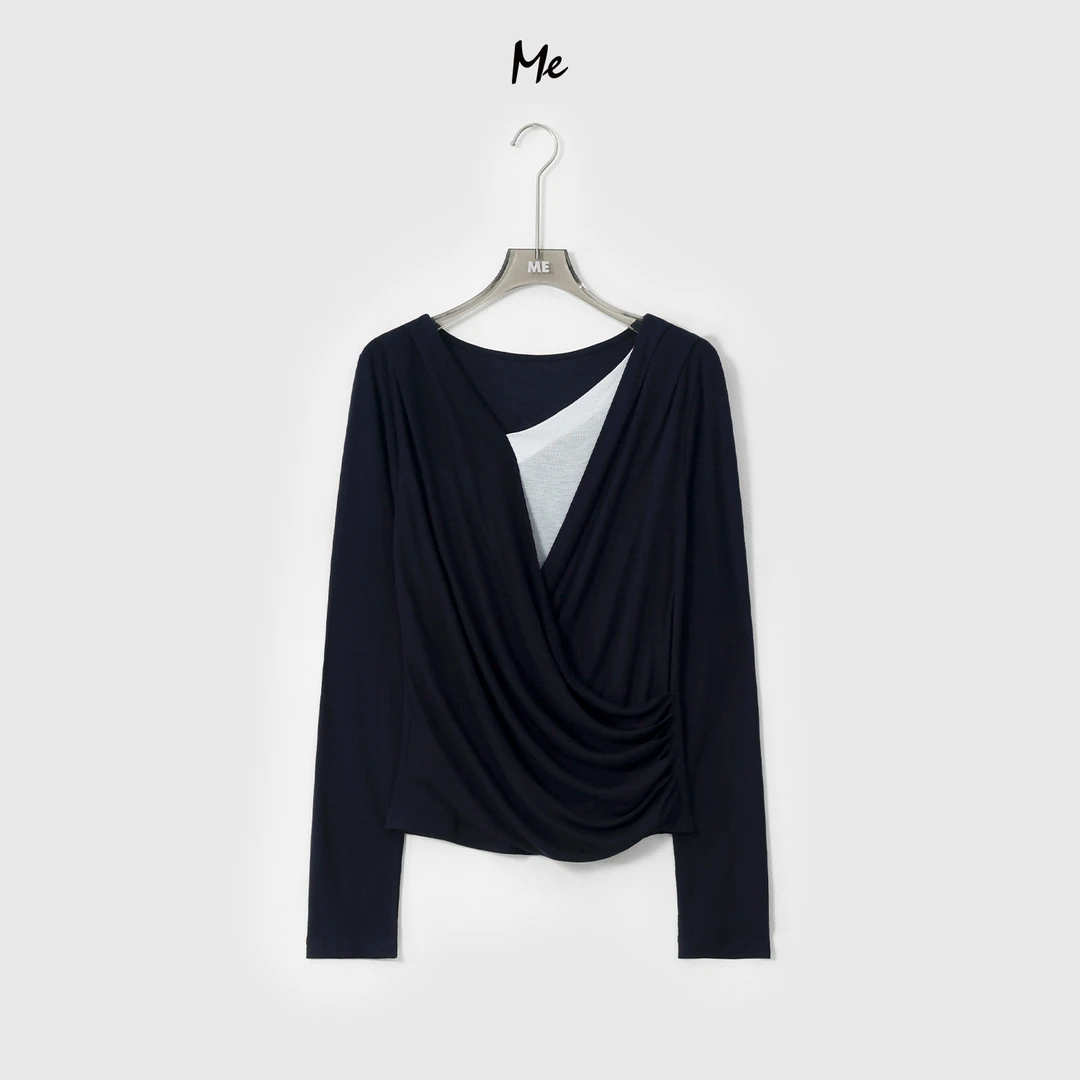 ME【都市之夜】天丝绵羊毛混纺假两件垂褶显瘦时尚百搭上衣MESA0424