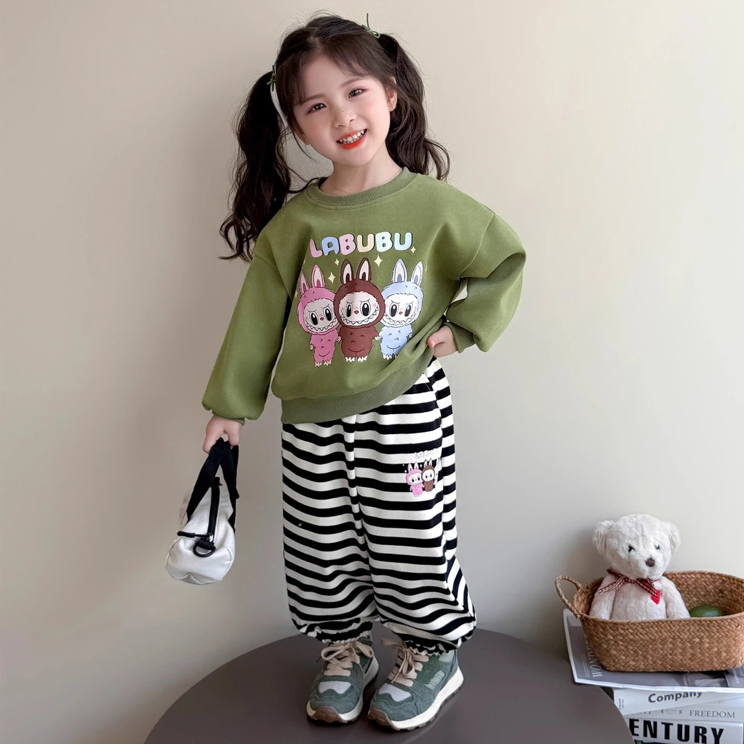 女童春秋卡通卫衣套装2025新款宝宝条纹裤儿童秋季卫裤洋气衣服潮