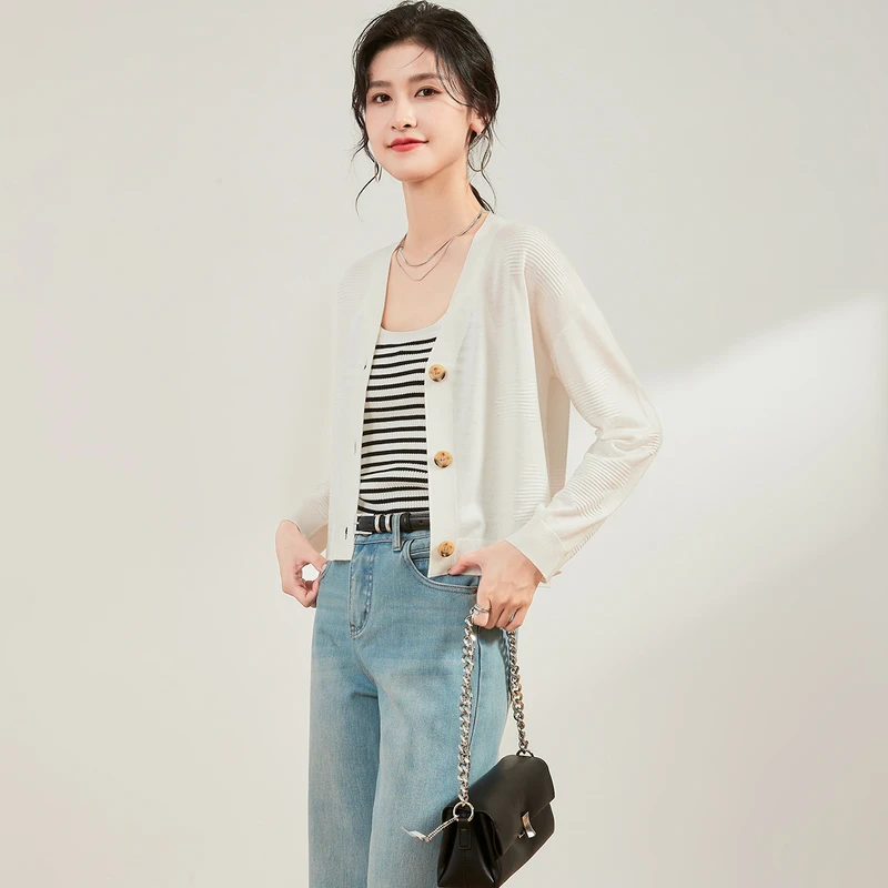 含桑蚕丝外搭小开衫25年提花针织衫空调衫V领女式外套W8A82045