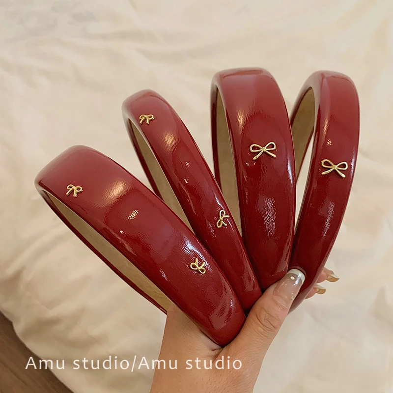 安可拉红色显白pu皮蝴蝶结发箍女2024新款头箍
