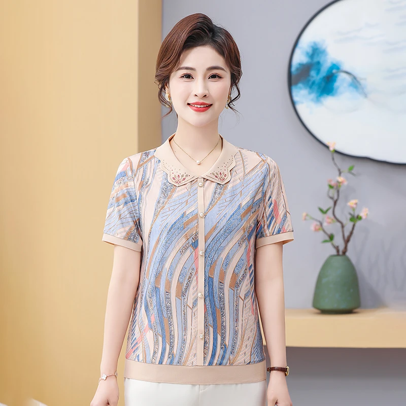 2025夏季新款短袖T恤中年妈妈装洋气中老年女装宽松薄款冰丝上衣