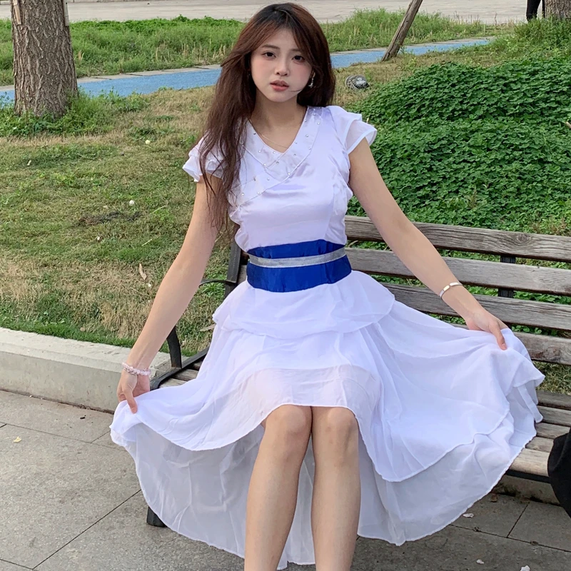 夏季宽松腰时尚设计感不褪色裙子白色小众无袖露肩连衣裙气质女款