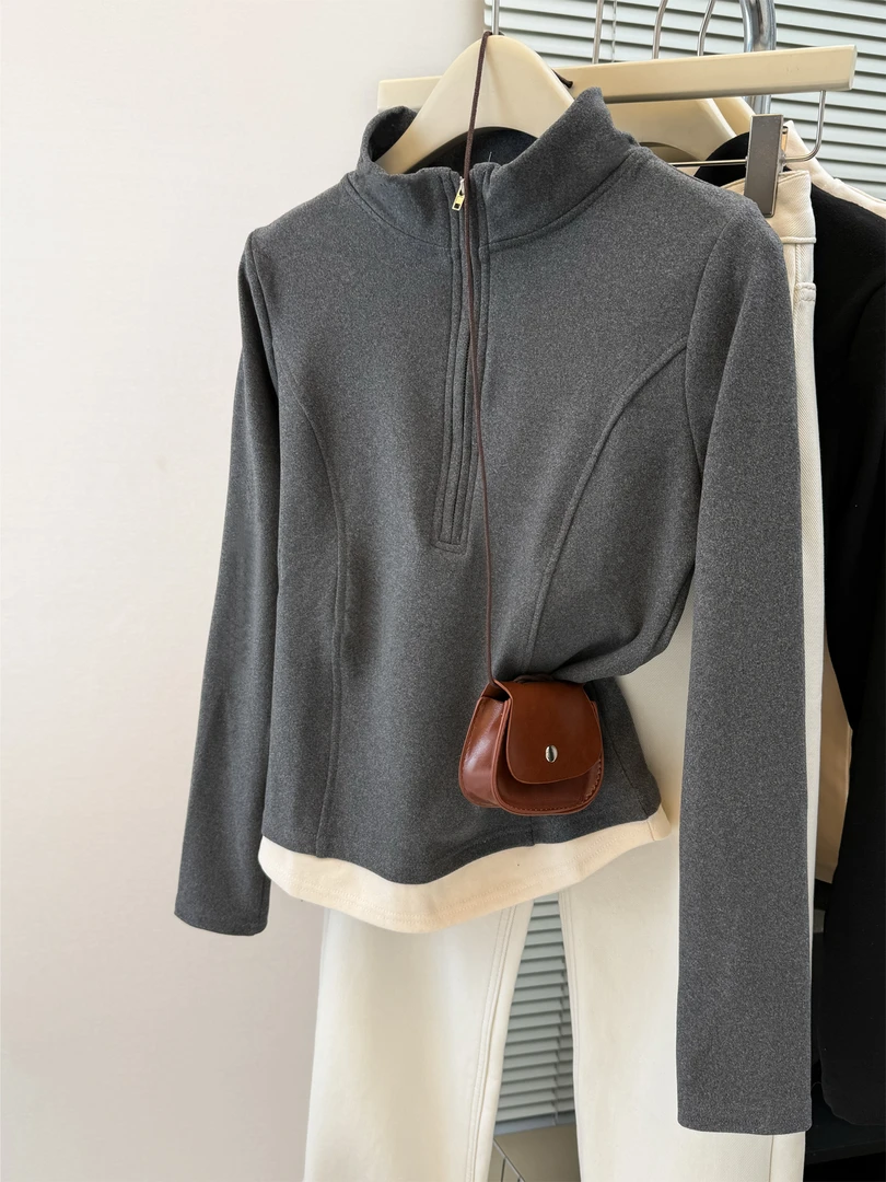 高级感撞色假两件立领半拉链长袖t恤女秋冬季德绒内搭打底衫上衣