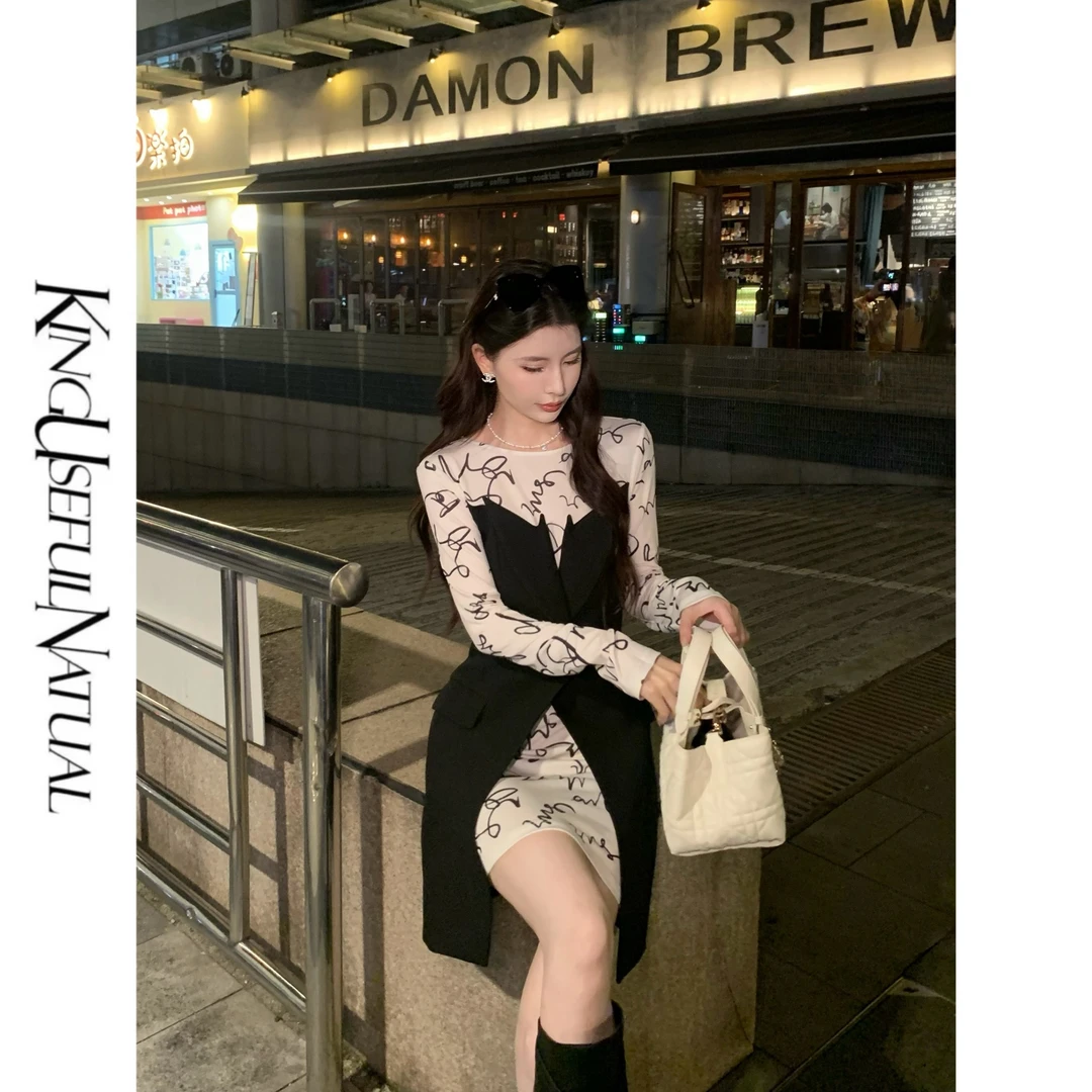 KUN【黑松露】特别深色系 冰丝印花针织拼TR假两件黑色气质女连衣裙