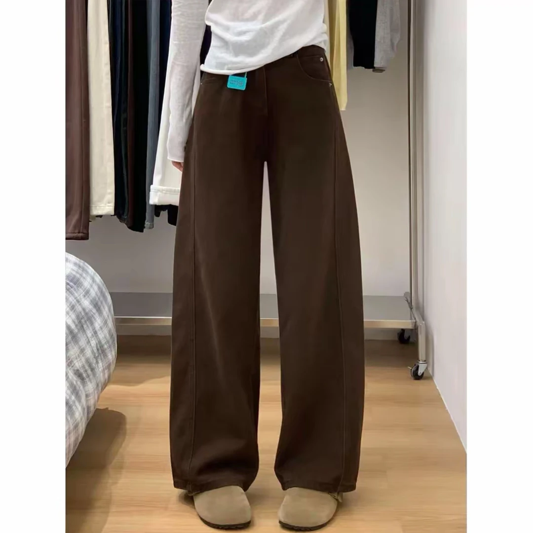 2025秋冬新款摩卡棕加绒阔腿牛仔裤女大码胖mm高腰显瘦复古拖地裤