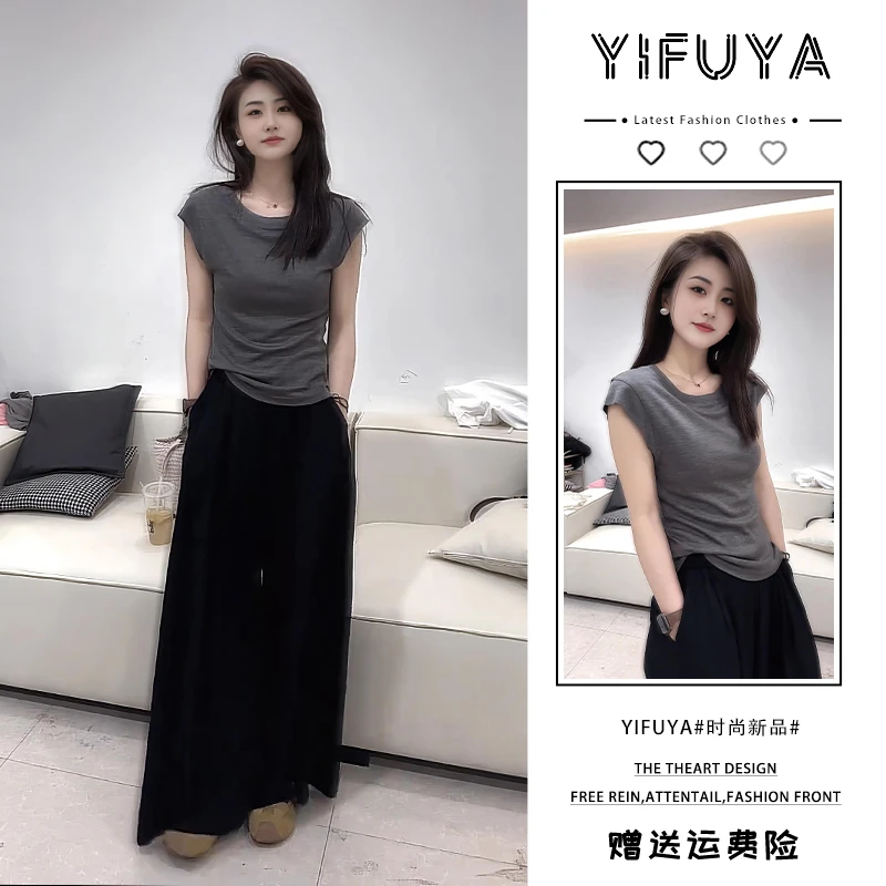 气质时尚小众黑色阔腿裤裤裙灰色针织气质显瘦上衣时尚减龄两件套