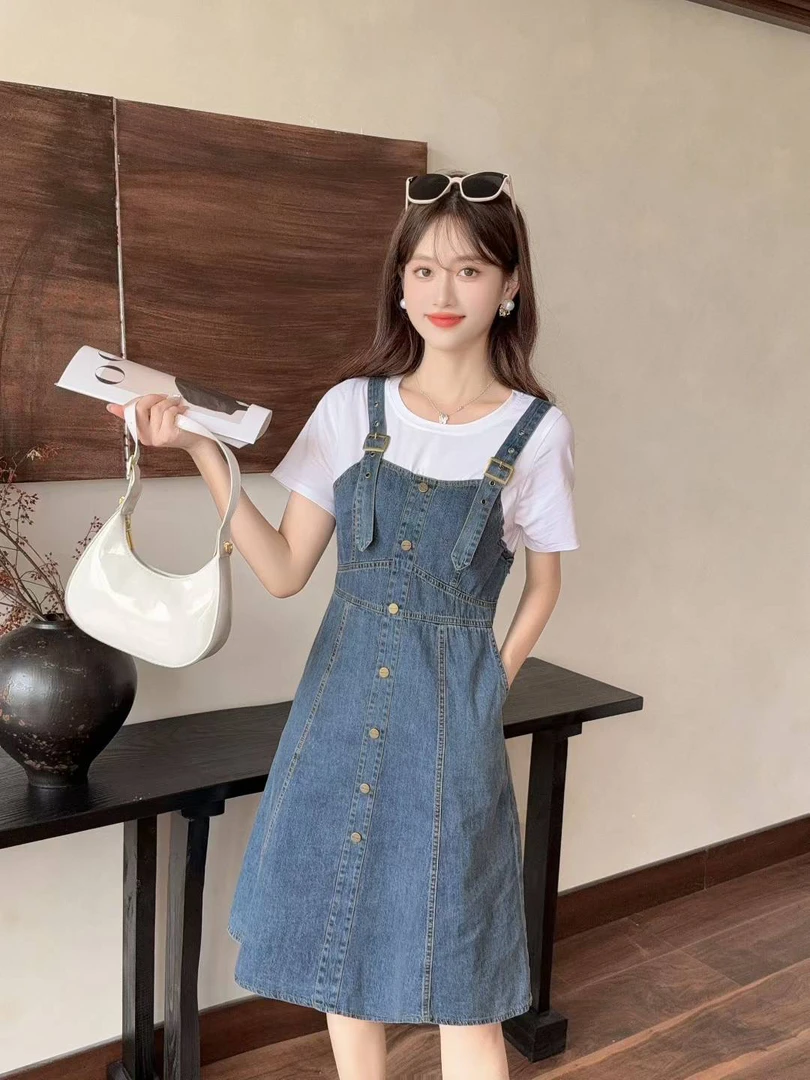 时尚复古牛仔背带裙套装女夏季新款洋气气质休闲小个子