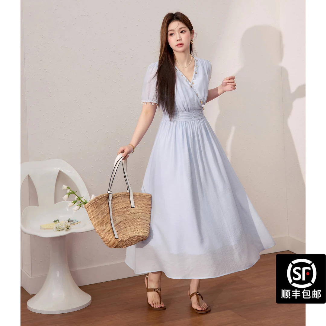 蓝语大码女装波西米亚度假风天丝连衣裙夏季收腰遮肚优雅a字长裙