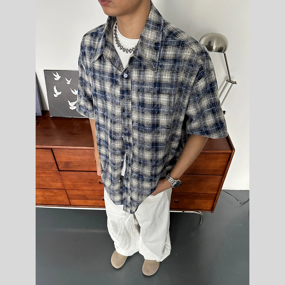 美式复古扎染做旧潮格子衬衫短袖男夏季宽松简约格纹衬衣