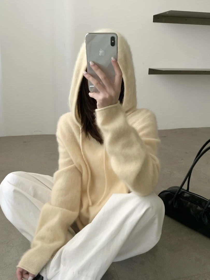 康塞妮100%拉绒山羊绒女款连帽百搭宽松秋冬纯色长袖羊绒针织衫