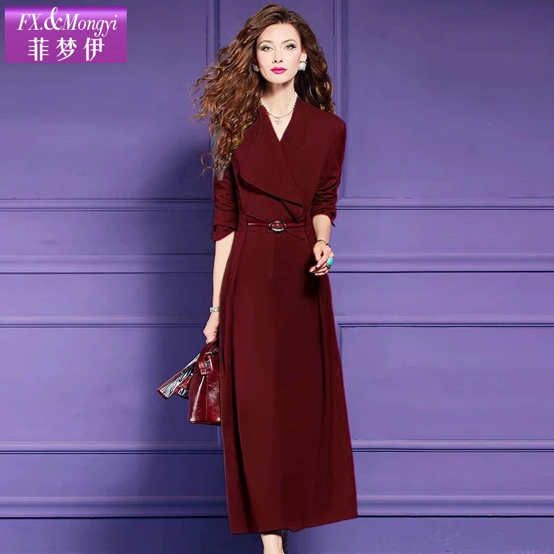 菲梦伊红色连衣裙女春季新款翻领高级感时尚气质收腰中长裙62335