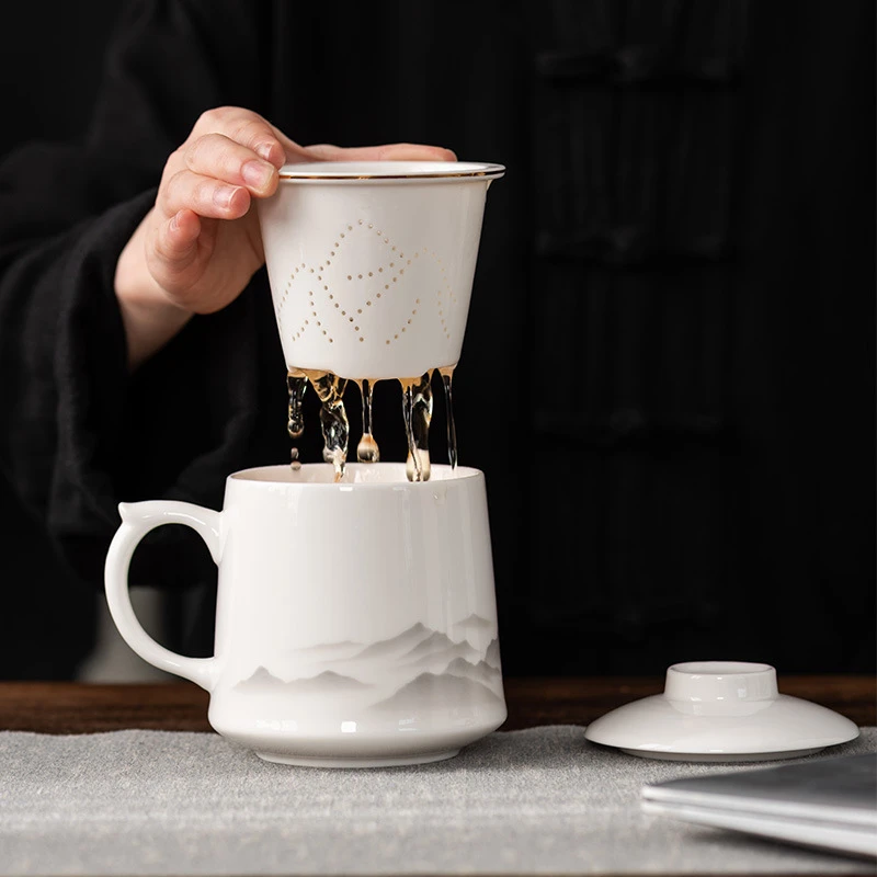 羊脂玉陶瓷办公杯茶水分离泡茶杯水杯茶杯公司商务伴手礼送礼logo