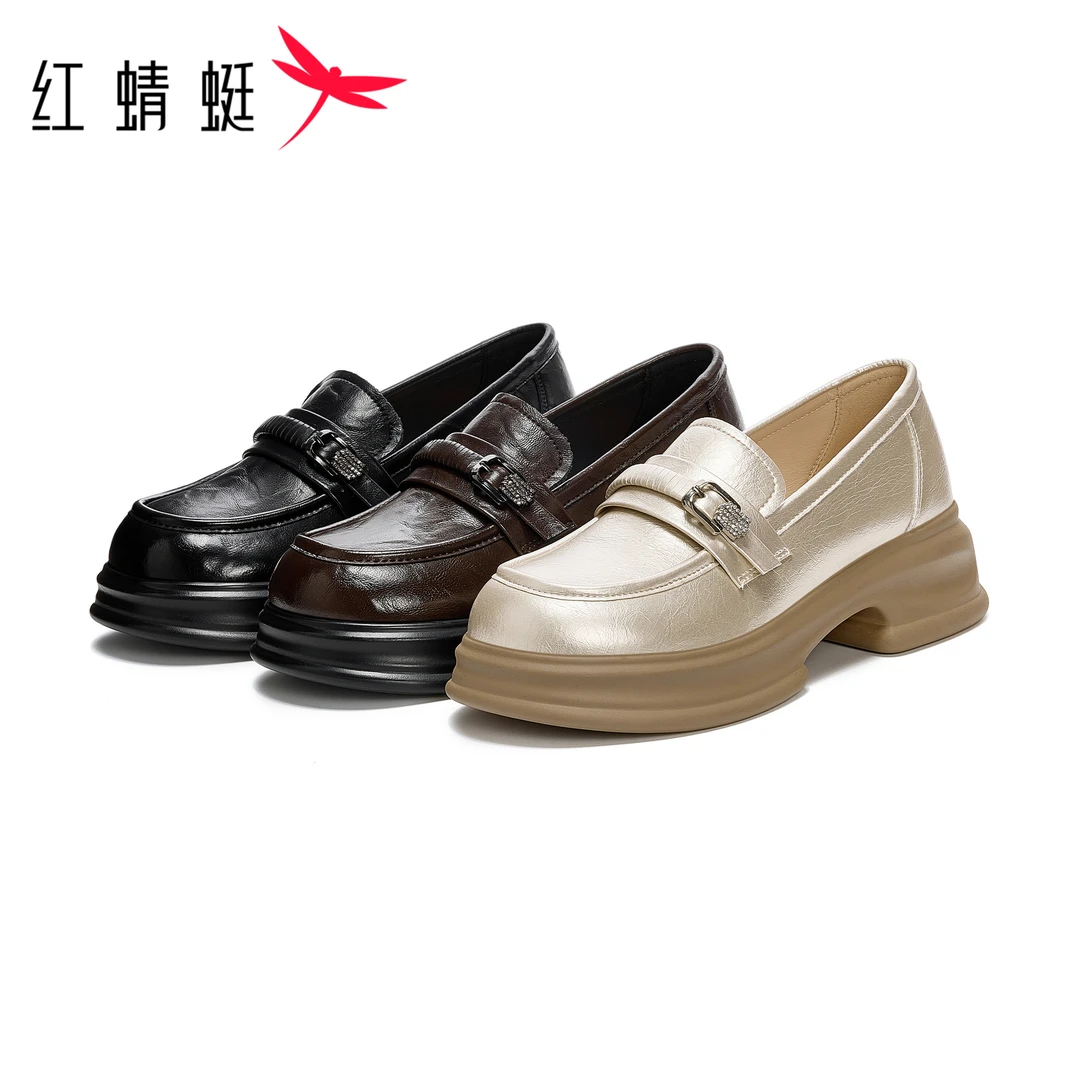 红蜻蜓女士秋季高跟纯色百搭复古法式英伦风圆头厚底时尚乐福鞋