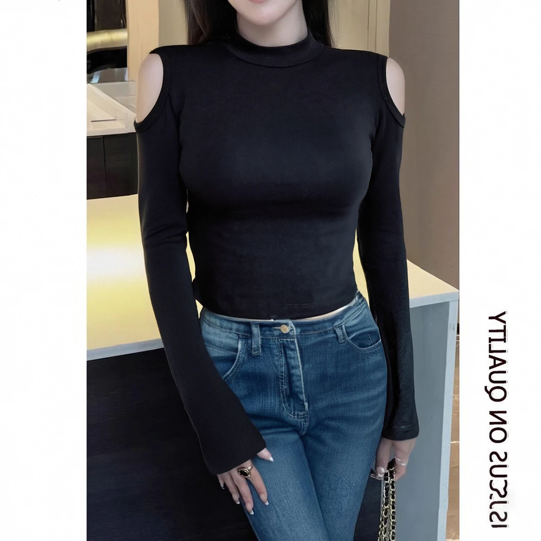 打底衫女春秋冬露肩黑色长袖上衣半高领短款修身显瘦内搭辣妹t恤