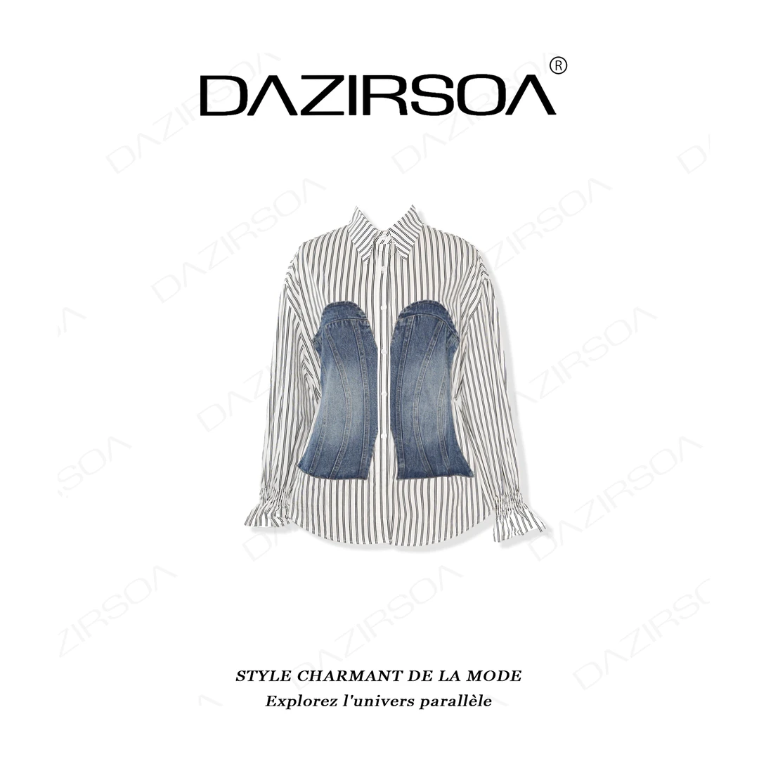 DAZIRSOA/达姿“记忆底片”时尚百搭拼接牛仔洋气条纹衬衫 X189