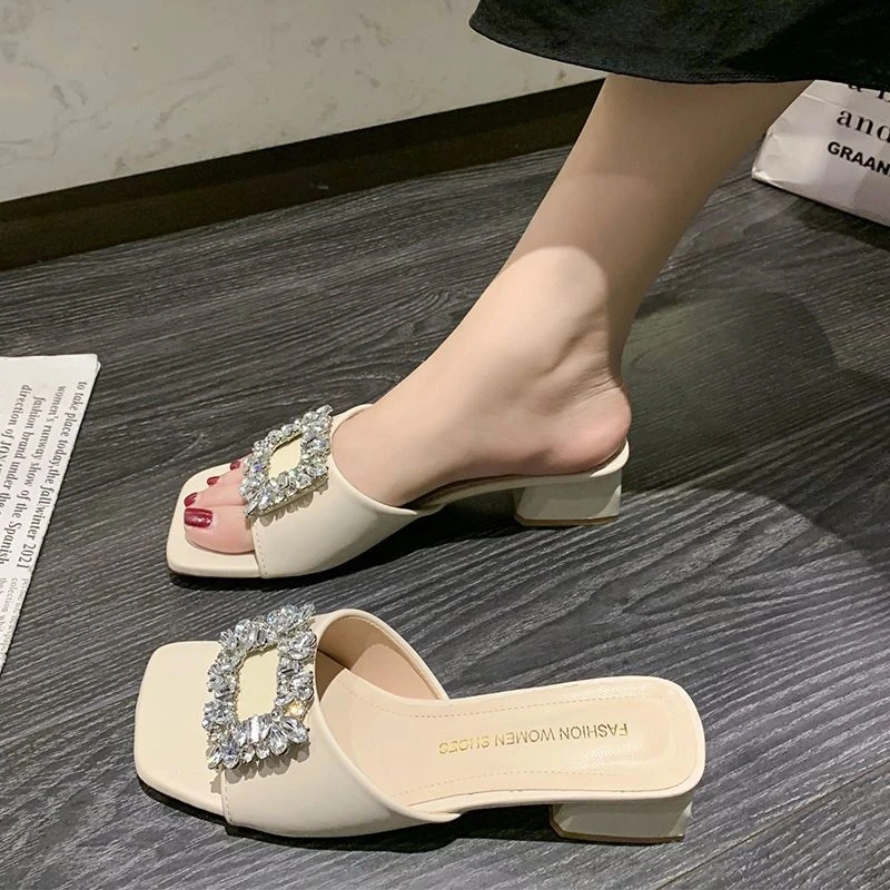 D428凉鞋水钻脚宽胖女鞋夏季2024新款凉拖外穿拖鞋高跟鞋