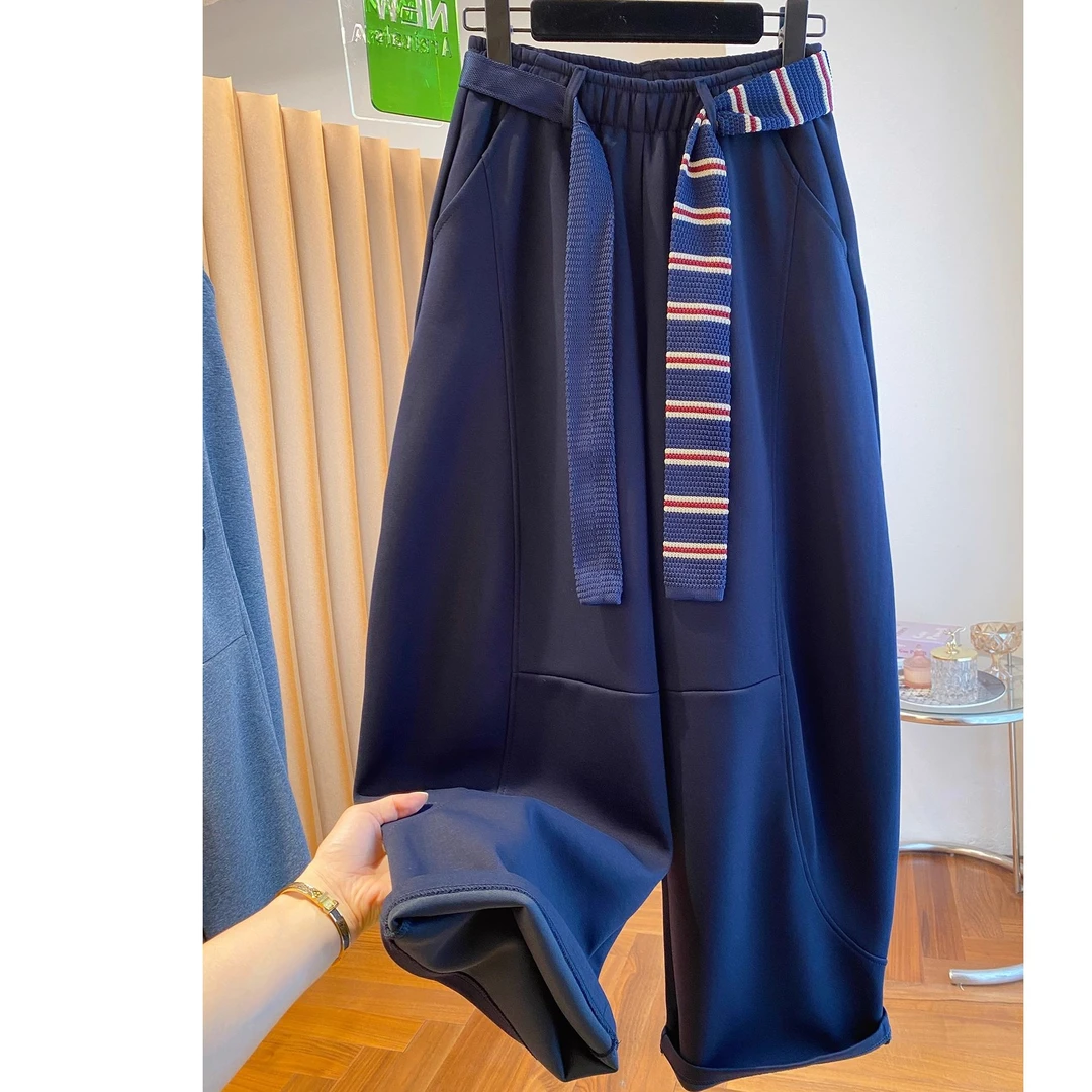 300斤超大码韩版时尚撞色腰带弯刀裤男女秋季宽松百搭休闲运动裤2