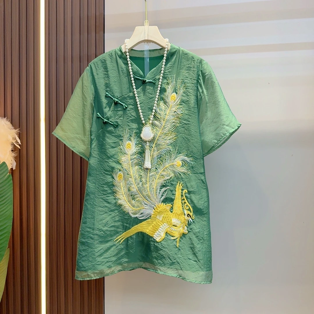 新中式国风复古盘扣斜襟重工刺绣印花宽松百搭上衣2539