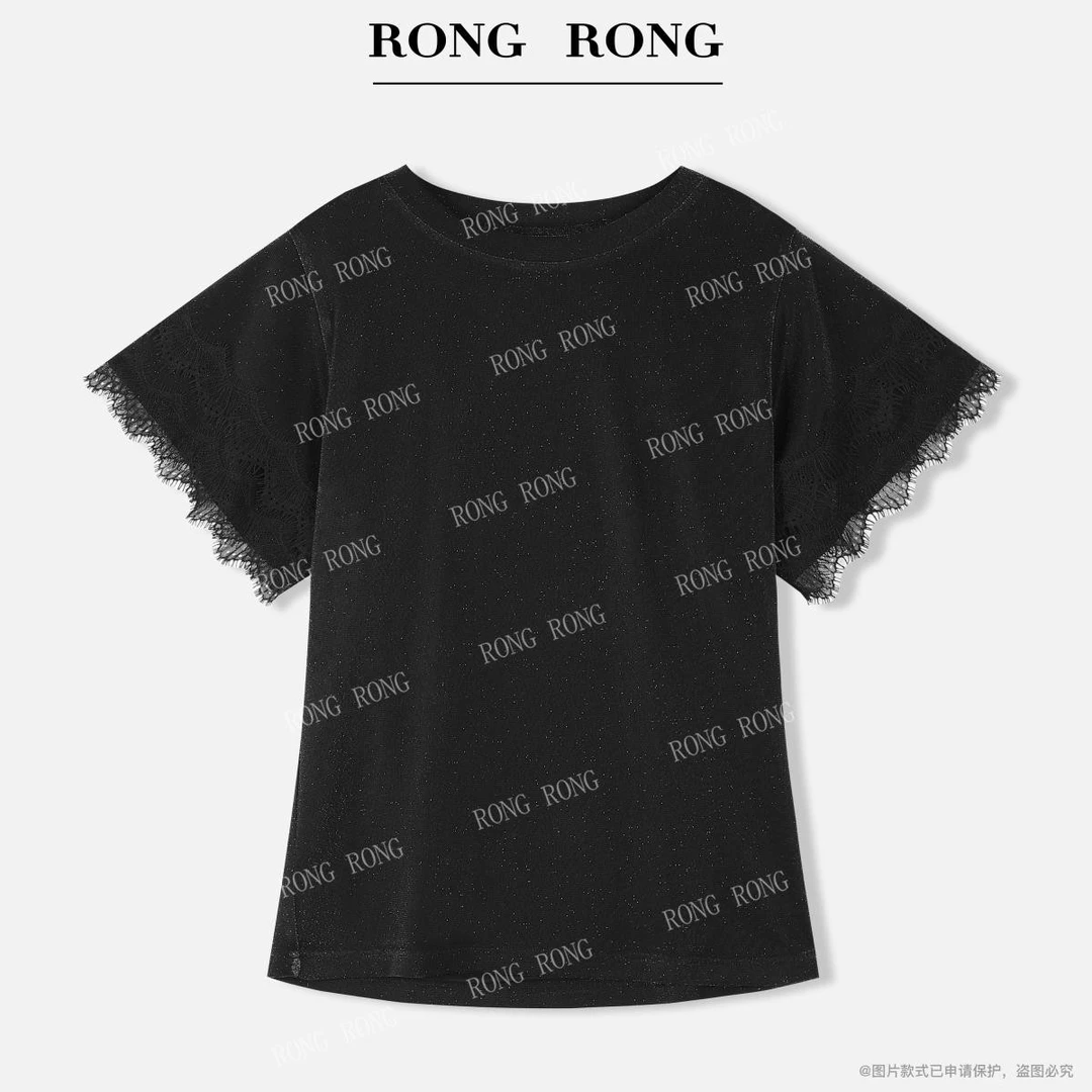 溶溶J【星河赴光】RONGRONG醋酸闪丝混纺拼接蕾丝花边短袖C-A208373