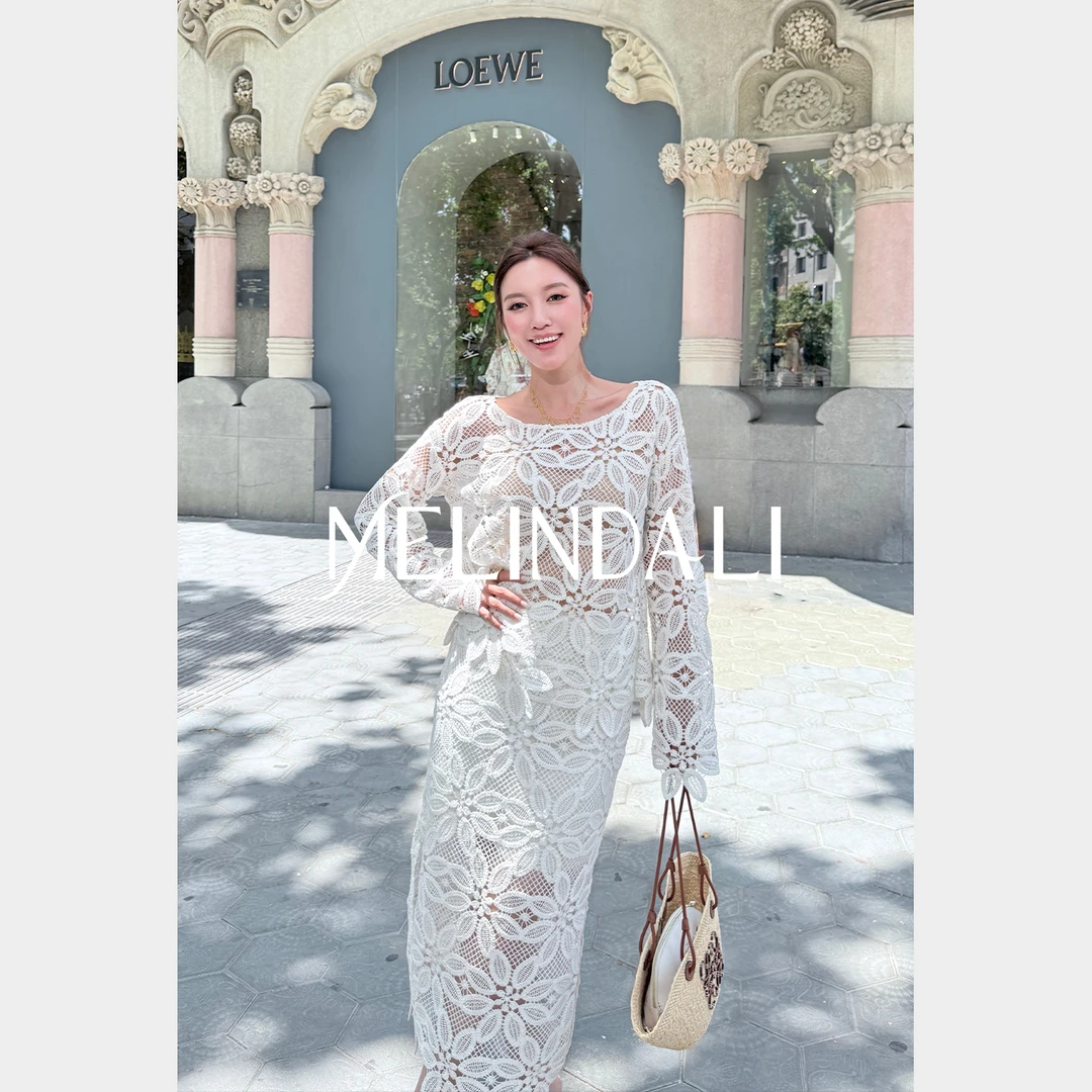 Melinda Li【水仙套】慵懒度假风重工蕾丝镂空罩衫半裙裙子套装女装