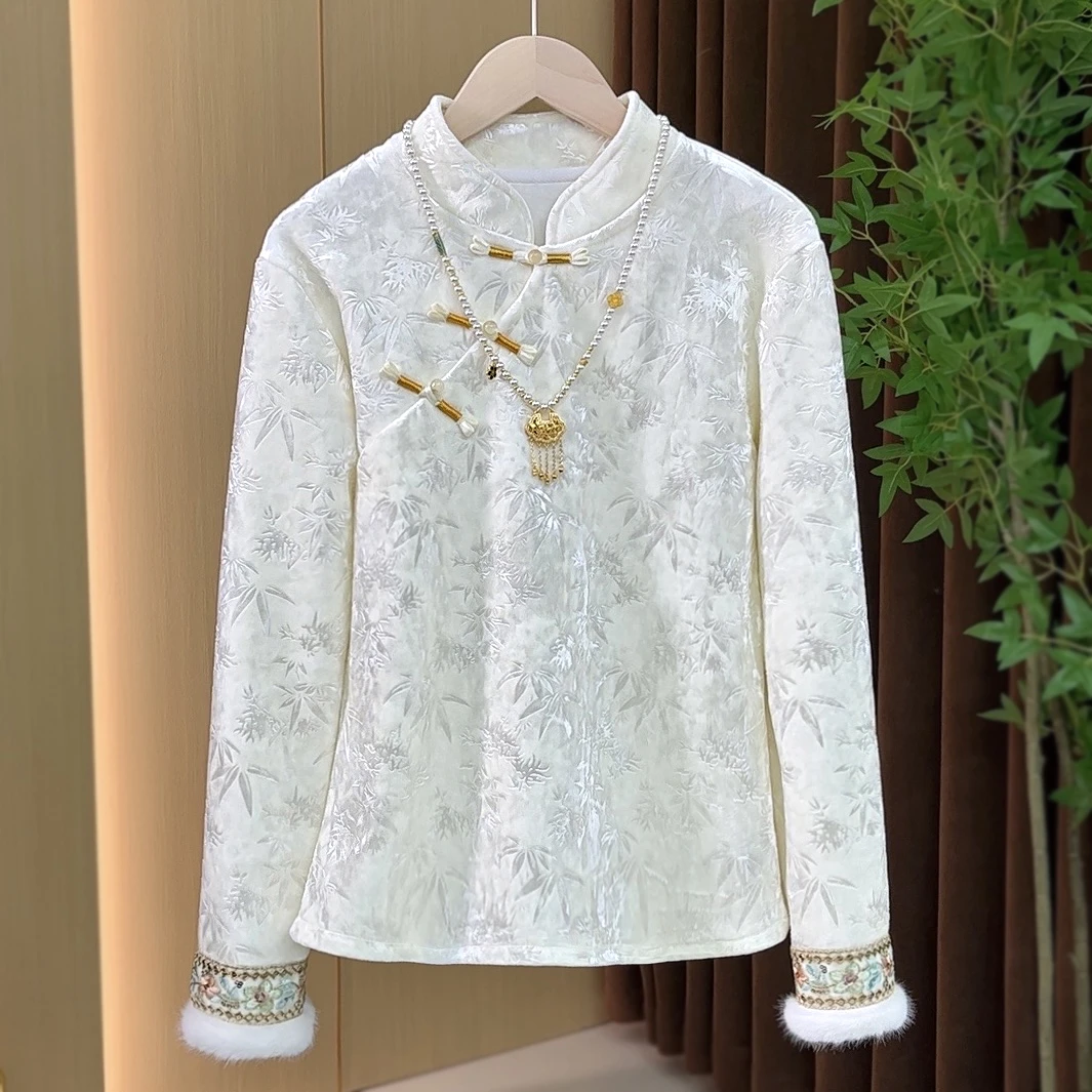 加绒加厚【玉竹襟】冬季新款国风提花立领打底衫女气质内搭t恤长袖