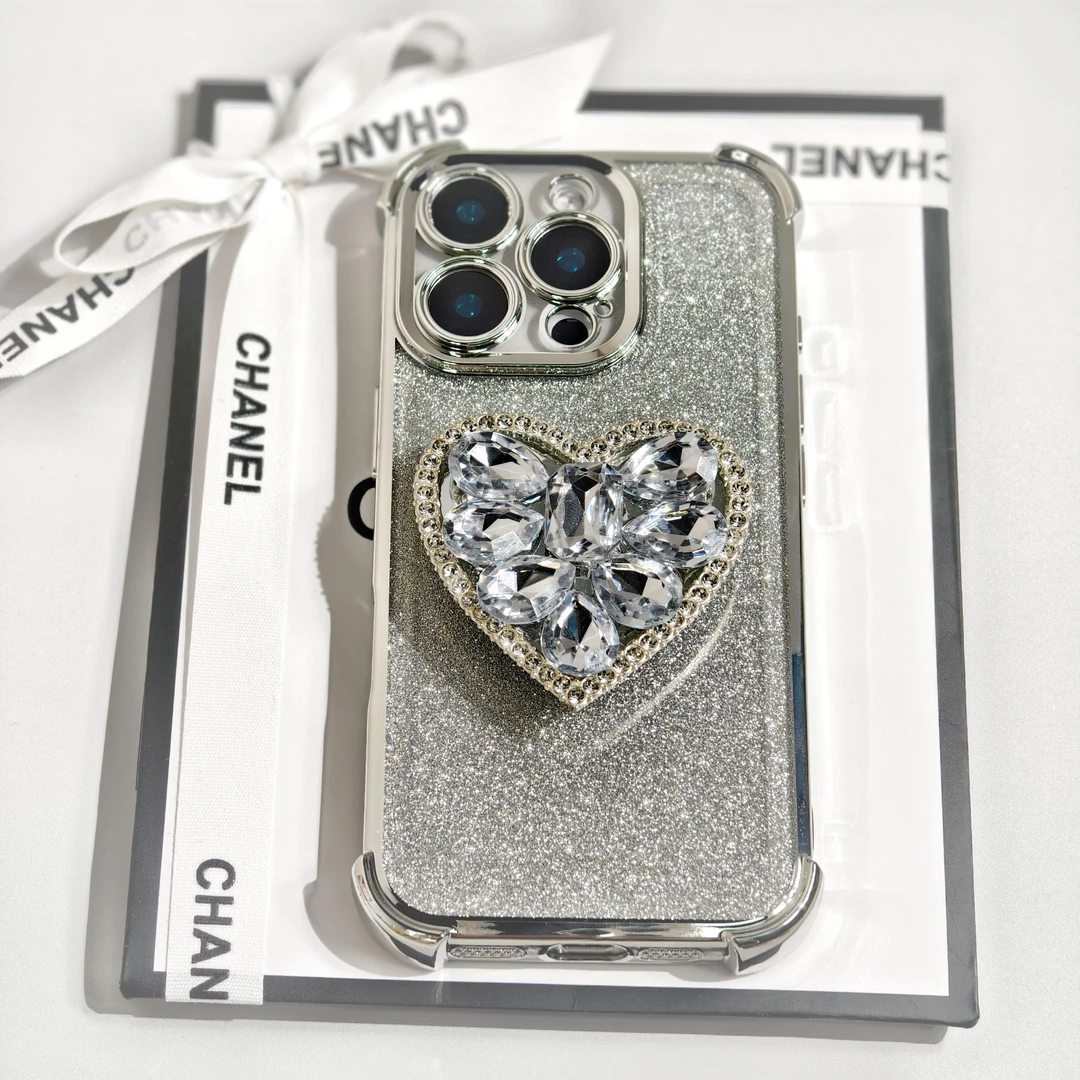 高级爱心银色电镀四角防摔手机壳全包精孔手机壳+闪粉卡+支架
