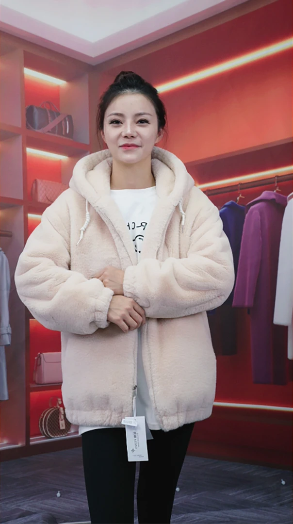 2024新款仿獭兔毛加厚毛毛外套保暖棉服女冬季韩版宽松连帽上衣