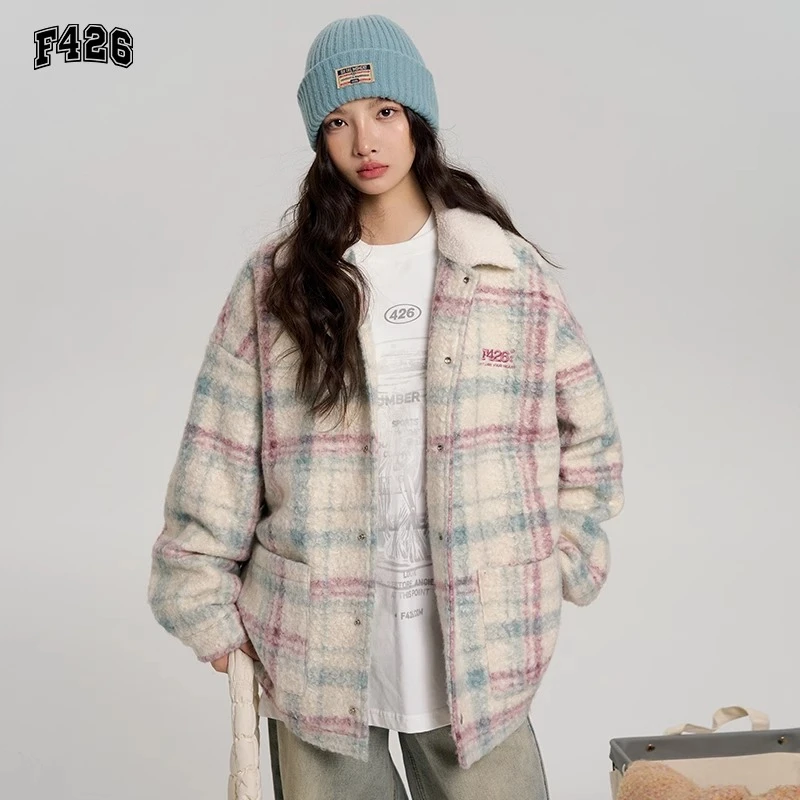 F426旗舰店国潮牌春秋季情侣嘻哈宽松仿羊羔毛领毛呢格纹棉服5583