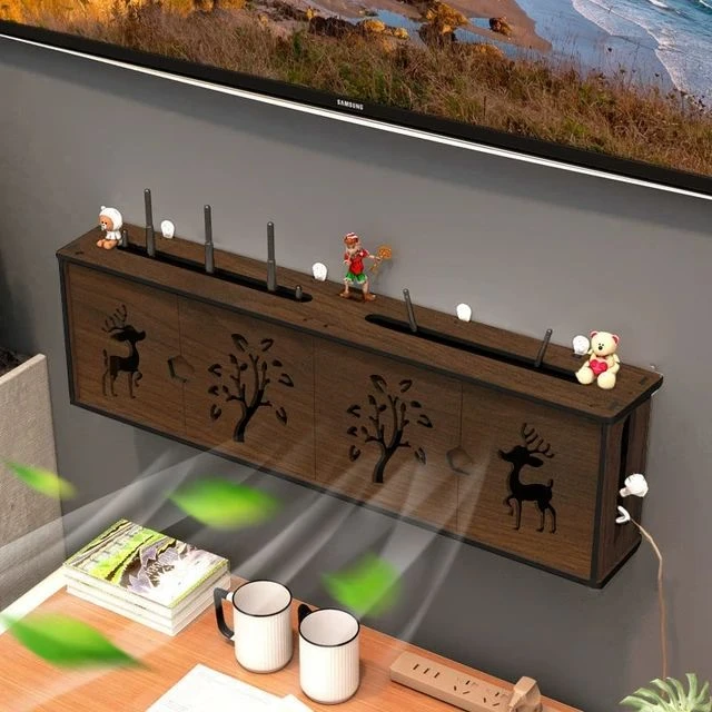 胡桃色无线路由器收纳盒箱壁挂式WiFi置物架放猫机顶盒挂墙免打孔