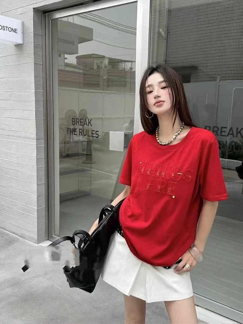 KM-2025夏季时尚百搭字母钉珠短袖T恤2735