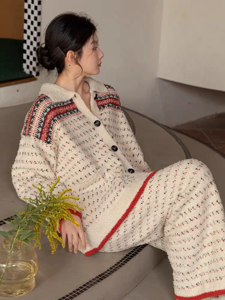 族玛士睡衣女秋冬季珊瑚绒半边绒加厚2025新款家居服套装可外出穿