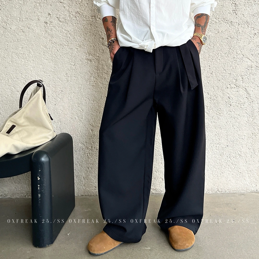 OXFREAK「几何扣腰带设计」老钱风纯色休闲裤男宽松垂感弯刀西裤